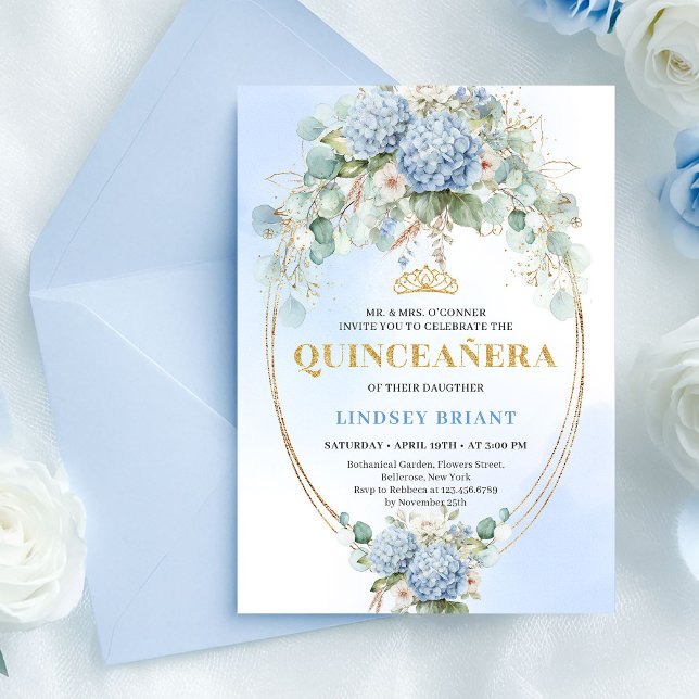 Tidlös Blå Blommig Guld Quinceañera Inbjudan (Timeless Blue Floral Gold Quinceañera Invitation)