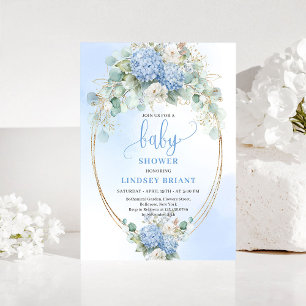 Tidlös blå hortensia baby shower inbjudan