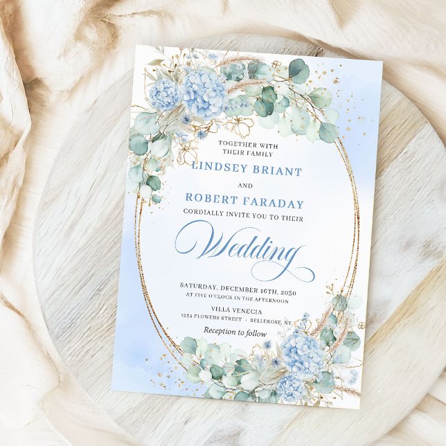 Tidlös blå hortensia eukalyptus bröllopsinbjudan inbjudningar (Timeless Blue Hydrangea Eucalyptus Wedding Invitation)