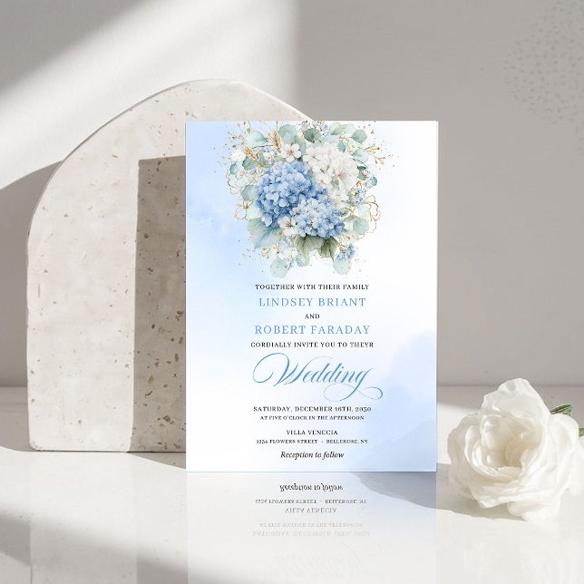 Tidlös Blå Hortensia Trädgård Bröllopsinbjudan Inbjudningar (Timeless Blue Hydrangea Garden Wedding Invitation)