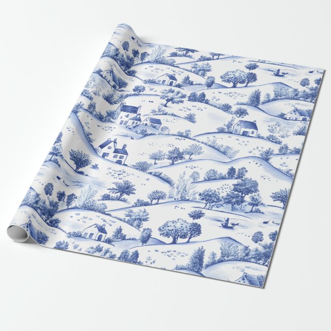 Tidlös Blå Toile Pastoral Fransk Landskapsbild Presentpapper (Utrullad)