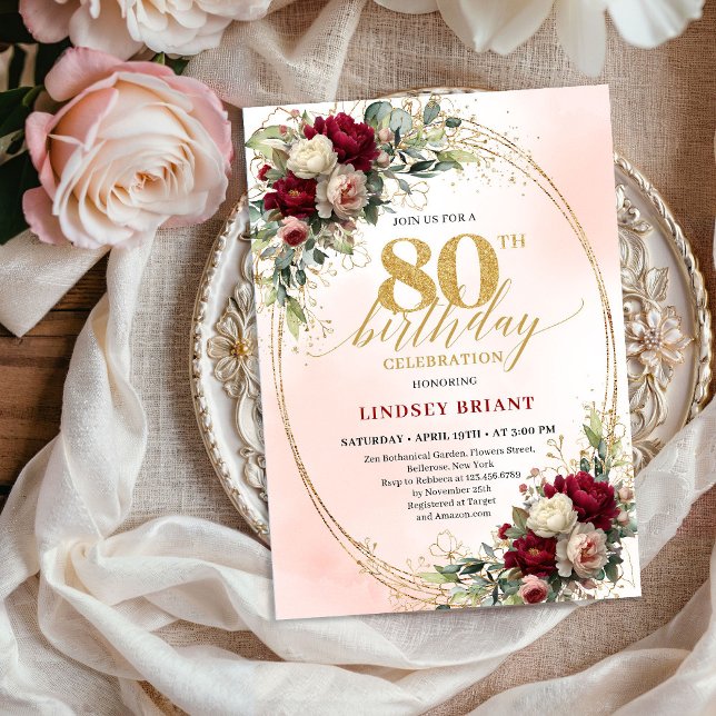 Tidlös Blommig Guld 80-årsfirande  Inbjudningar (Timeless Floral Gold 80th Birthday Celebration Invite)