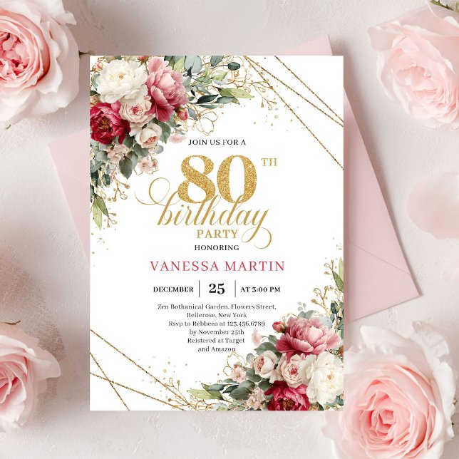 Tidlös Blush Burgunder Grönska 80-års Inbjudan (Timeless Blush Burgundy Greenery 80th Invite)