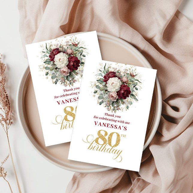 Tidlös Blush Burgundy 80-årsfirande Tack Kort (Timeless Blush Burgundy 80th Birthday Thank You Card)