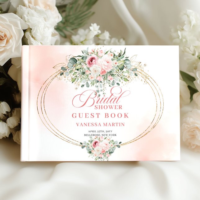 Tidlös Blush Rosa Grönska Guld Bröllopsgästbok Gästböcker (Timeless Blush Roses Greenery Gold Bridal Guest Book)