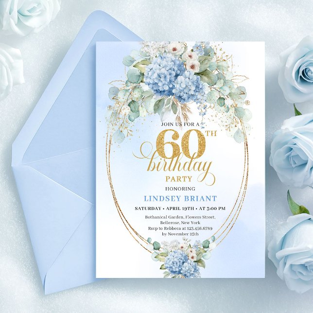 Tidlös Bohemer Tidblå Blommig 60-årsdag Inbjudningar (Timeless Bohemian Light Blue Floral 60th Birthday)