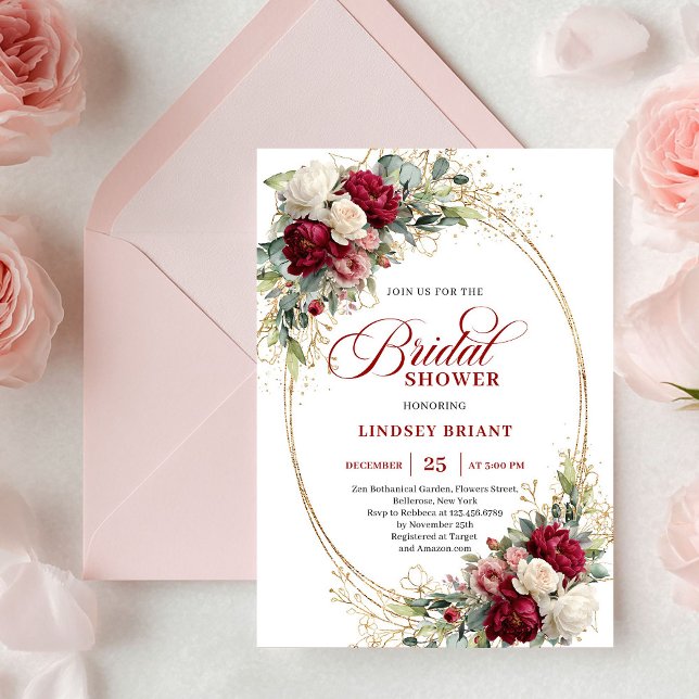 Tidlös bohemisk röd vit blomster guld bröllopsdusc inbjudningar (Timeless Bohemian Red White Floral Gold Shower)