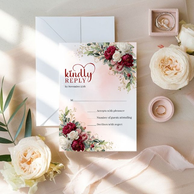 Tidlös Bohemsk Burgunderguld Blommig Bröllops RSV OSA Kort (Timeless Bohemian Burgundy Gold Floral Wedding RSVP)