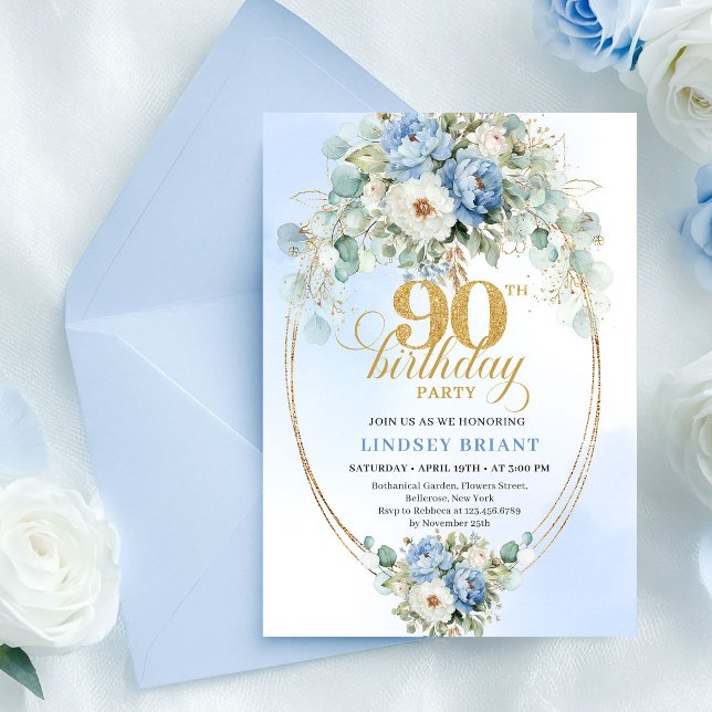 Tidlös Boho Blå Blommig Guld 90-årsdag Inbjudningar (Timeless Boho Blue Floral Gold 90th Birthday Invitation)