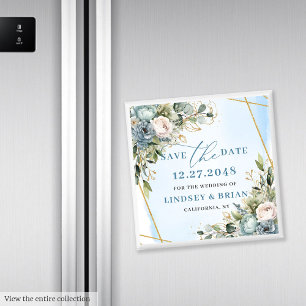 Tidlös Boho Blå Blommig Guld Ram Spara Datum Magnet