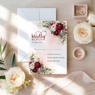 Tidlös Boho Burgundy Vit Blommig Guld Bröllop OSA Kort