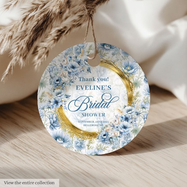 Tidlös Boho Ljusblå Guld Blommig Bröllopsdusch Gåvor Etiketter (Timeless Boho Pale Blue Gold Floral Bridal Shower)