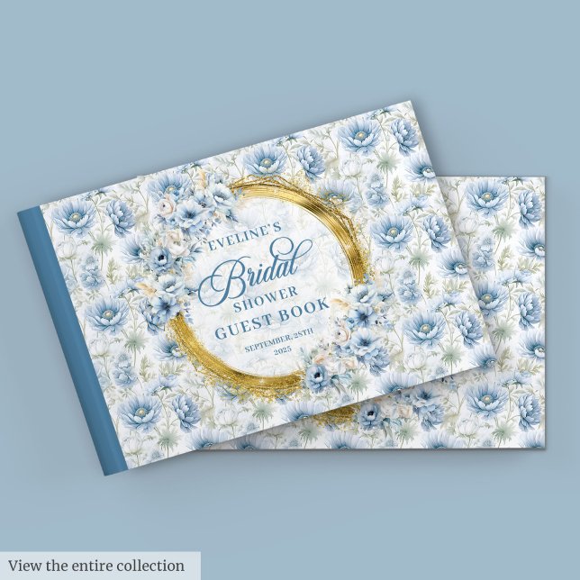 Tidlös Boho Ljusblå Guld Blommig Bröllopsfest Gästböcker (Timeless Boho Pale Blue Gold Floral Bridal Shower Guest Book)