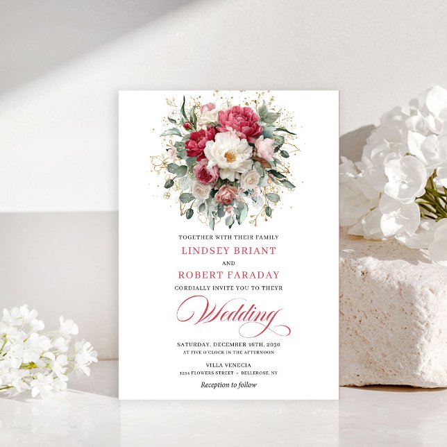 Tidlös Boho Mörkröd Roséguld Bröllopsinbjudan Inbjudningar (Timeless Boho Crimson Red Blush Gold Wedding Invitation)