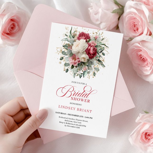 Tidlös Boho Ruby Röd Rosenguld Bröllopsdusch Inbjudningar (Luxury Bohemian Crimson Red White Greenery Shower)