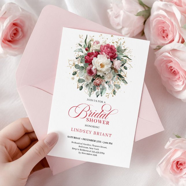 Tidlös Boho Ruby Röd Rosenguld Bröllopsdusch Inbjudningar (Timeless Boho Ruby Red Blush Gold Bridal Shower)