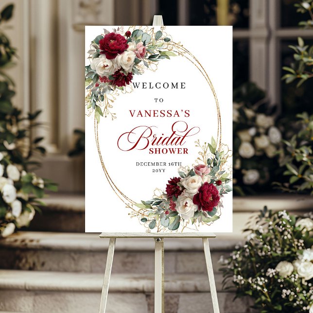 Tidlös Burgunder Vit Blommig Boho Bröllopsshowr Poster (Timeless Burgundy White Floral Boho Bridal Shower Welcome)