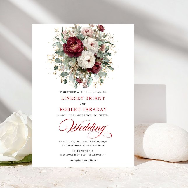 Tidlös Burgunder Vit Blommig Guld Bröllopsinbjudan Inbjudningar (Timeless Burgundy White Floral Gold Wedding Invite)