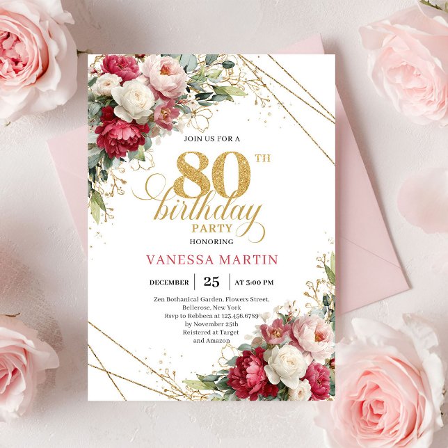 Tidlös Burgunderröd Guld 80-årsfirande Inbjudan (Timeless Burgundy Red Gold 80th Birthday Invite)