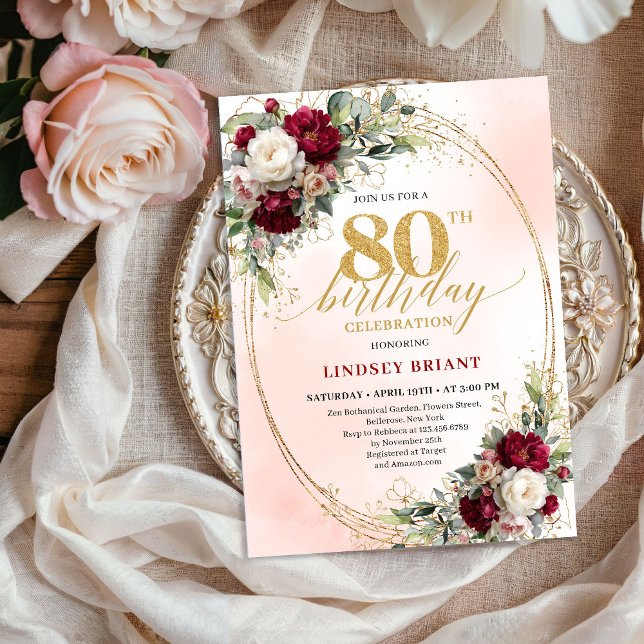 Tidlös Burgundy Boho Blommig 80-års Födelsedagsinb Inbjudningar (Timeless Burgundy Boho Floral 80th Birthday Invite)