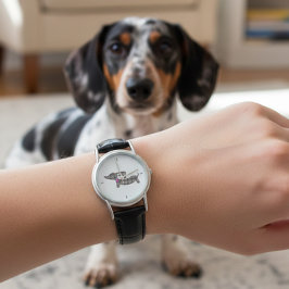 Tidlös Dachshund Charm: Grått-belagt läderband Armbandsur