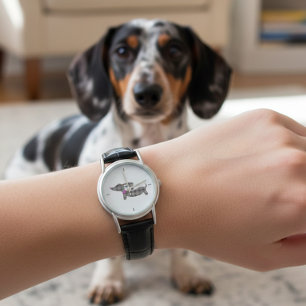 Tidlös Dachshund Charm: Grått-belagt läderband Armbandsur