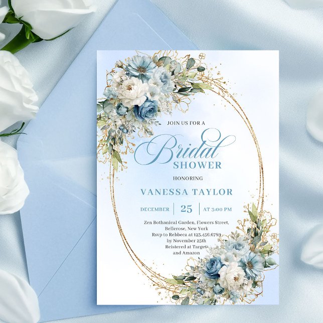 Tidlös dammig blå blomster manuskript bröllopsdusc inbjudningar (Timeless Dusty Blue Floral Script Bridal Shower Invitation)