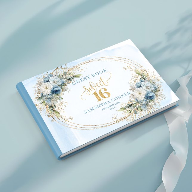 Tidlös dammig blå blomstergästbok för Sweet 16 Gästböcker (Timeless Dusty Blue Floral Sweet 16th Guest Book)
