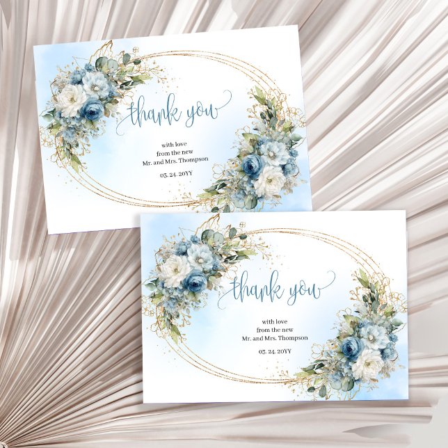 Tidlös dammig blå guld bröllopstack tackkort tack kort (Timeless Dusty Blue Gold Wedding thank you card)