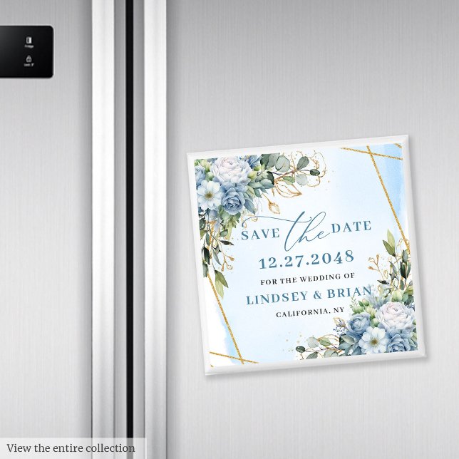 Tidlös Dusty Blue White Peony Spara datumet Magnet (Timeless Dusty Blue White Peony Save the Date)