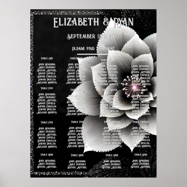 Tidlös Elegans: Svart & Silver Blossom Bröllop Poster (Framsidan)