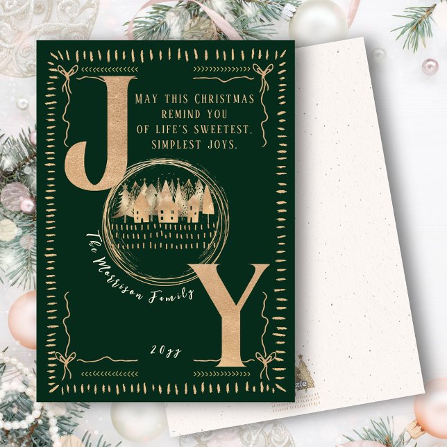 Tidlös ”GLÄDJE” Grön och Guld Festlig Elegans Julkort (Timeless “JOY” Green and Gold Festive Elegance Holiday Card)