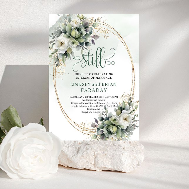 Tidlös Grön och Vit Vi Gör Fortfarande Inbjudan (Timeless Green and White We Still Do Invitation)