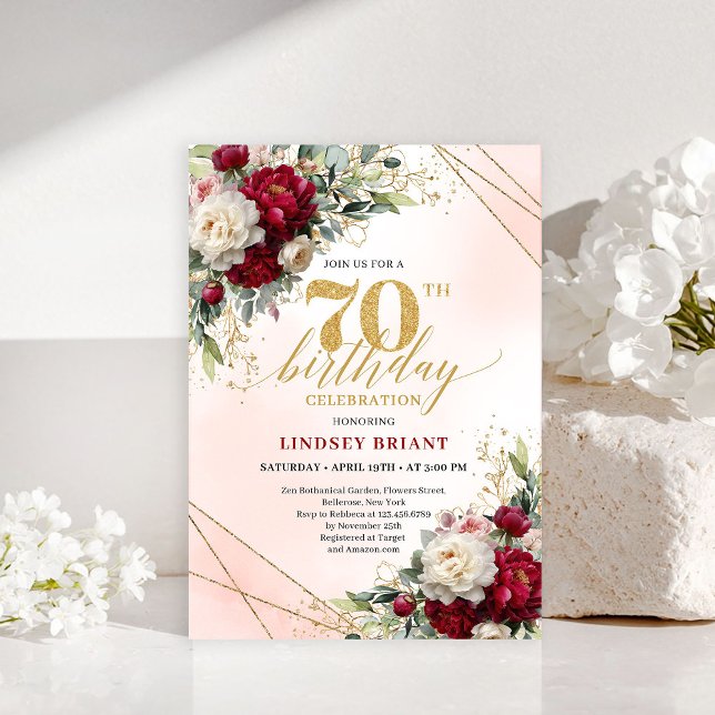 Tidlös guldblommig sjuttioårs inbjudan (Timeless Gold Floral Seventieth Birthday Invitation)