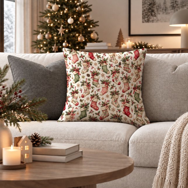 Tidlös julgrönska & Strumpa Kastkudde Kudde (Timeless Christmas Foliage & Stocking Throw Pillow)