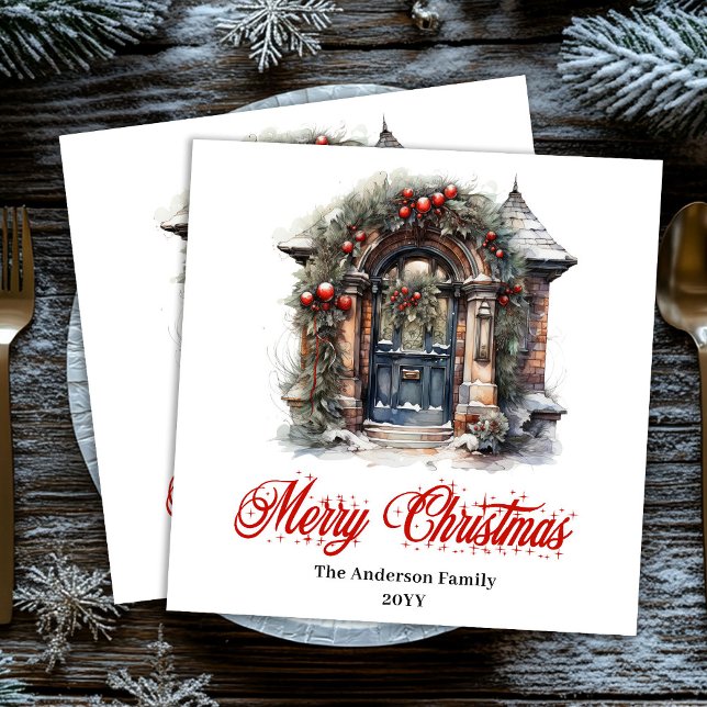 Tidlös julig scen servett röd grön konstverk (Timeless Christmas scene napkin red green artwork

)