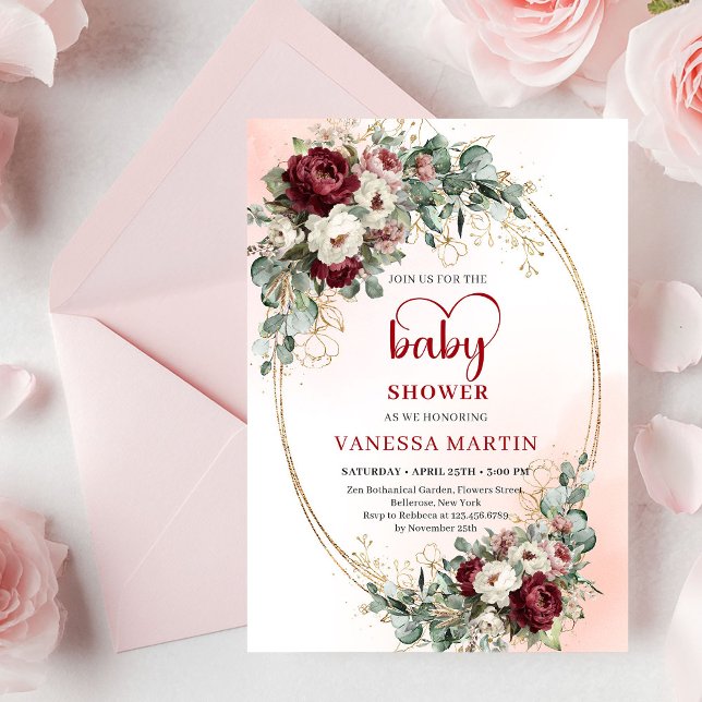 Tidlös marinblommig guld baby shower inbjudan (Timeless Maroon Floral Gold Baby Shower Invitation)