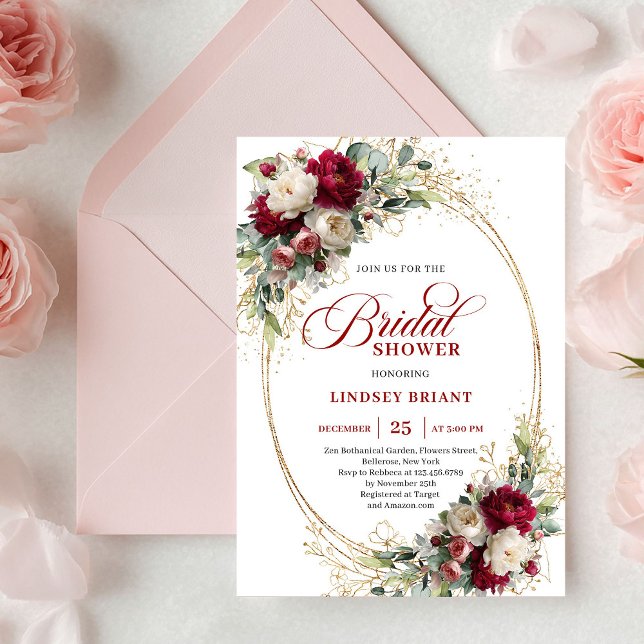 Tidlös Maroon Blommig Guld Bröllopsfest Inbjudan (Timeless Maroon Floral Gold Bridal Shower Invitation)