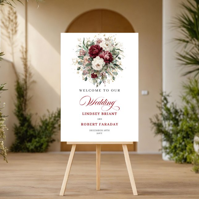 Tidlös Marsala Blommig Eukalyptus Guld Välkommen Poster (Timeless Marsala Floral Eucalyptus Gold Welcome Sign)