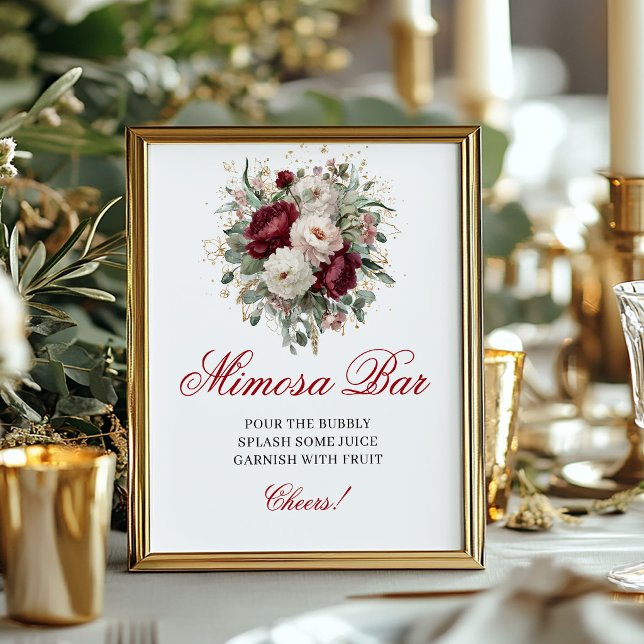 Tidlös Mimosa Bar Blommande Rosé Burgunder Skylt (Timeless Mimosa Bar Floral Blush Burgundy Sign)