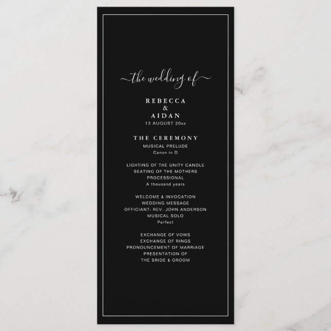 Tidlös Mörk Svart Modern Minimalistisk Bröllop Program (Framsida)