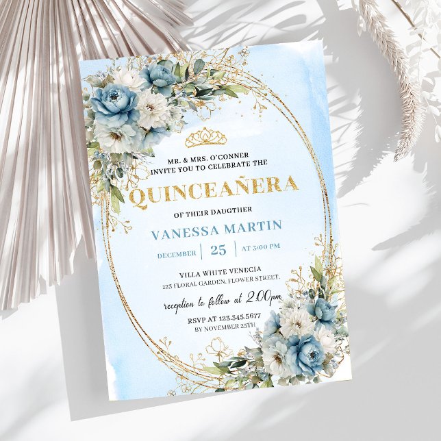 Tidlös Pastellblå Guld Eukalyptus Quince Inbjudan (Timeless Pastel Blue Gold Eucalyptus Quince Invitation)