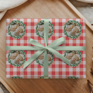Tidlös röd gingham gårds julfoto presentpapper