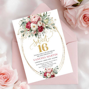 Tidlös röd rosengrönska Sweet Sixteen-inbjudan Inbjudningar