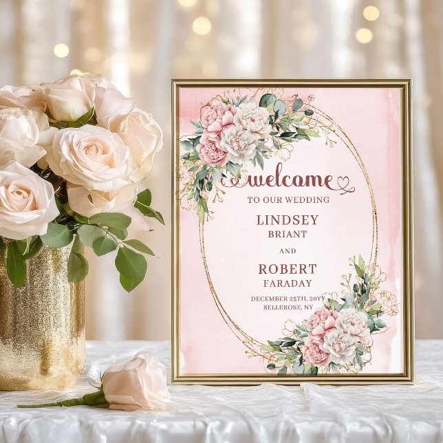 Tidlös Rosa Blommig Eukalyptus Välkomst Bröllop Poster (Timeless Blush Pink Floral Eucalyptus Welcome Wedding)