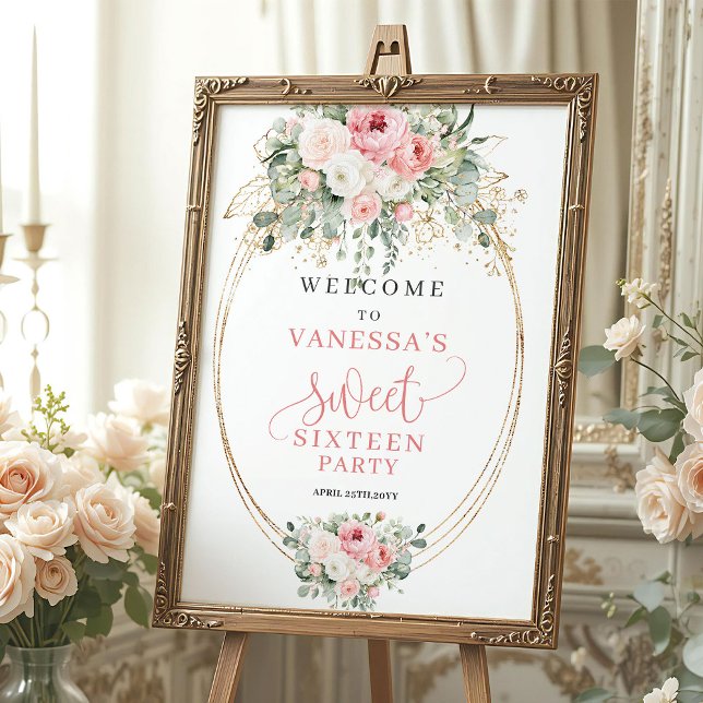 Tidlös Rosa Blommig Sweet 16 Välkomstaffisch Poster (Timeless Blush Floral Sweet 16 Welcome)