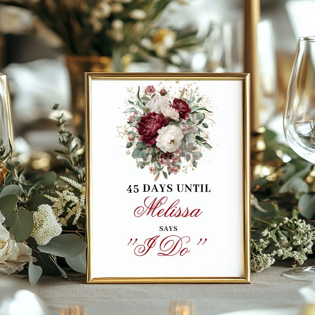 Tidlös Rosa Burgunder Bröllopsräknare Bröllopsskyl Poster (Timeless Blush Burgundy Countdown Bridal Sign)
