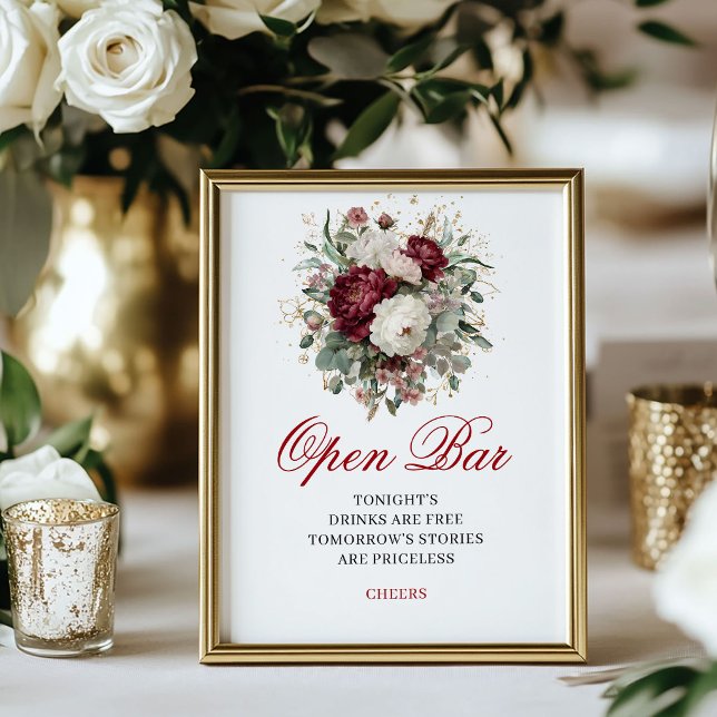 Tidlös Rosa Burgunder Öppen Bar Bröllopsskylt Poster (Timeless Blush Burgundy Open Bar Wedding)