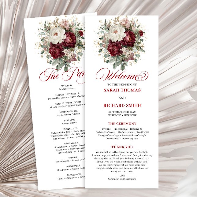 Tidlös Rosa Burgunder Röd Blommig Bröllopsprogram Program (Timeless Blush Burgundy Floral Wedding Program)