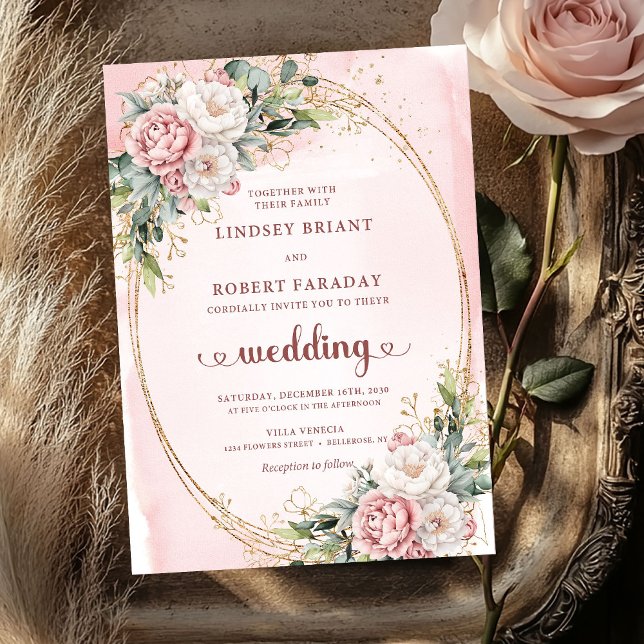 Tidlös Rosa Guld Rosenskugga Bröllopsinbjudan Inbjudningar (Timeless Rose Gold Blush Greenery Wedding Invitation)
